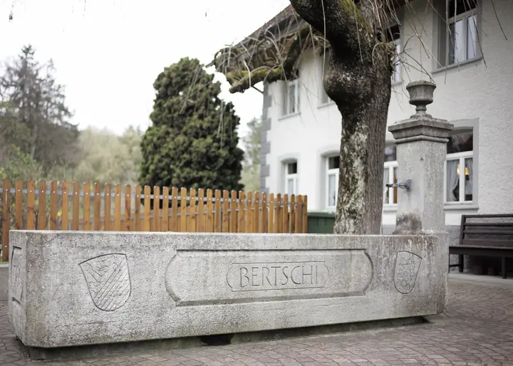 Brunnen mit der Inschrift «Bertschi» in Dürrenäsch