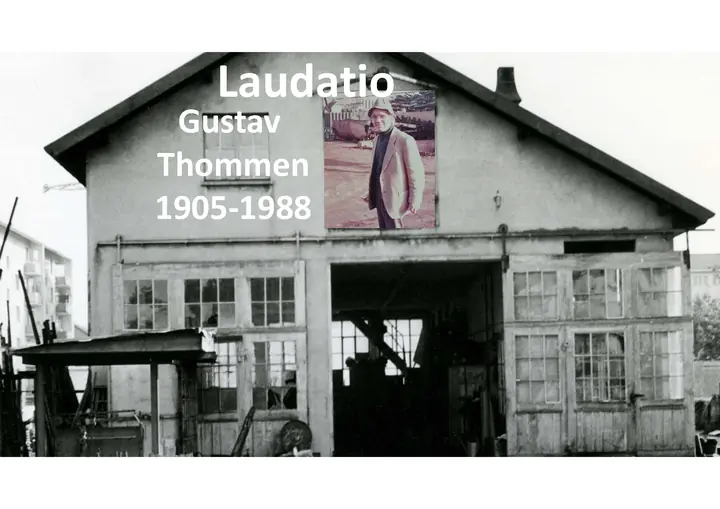 Folie «Laudatio» aus der Präsentation zu Gustav Thommen